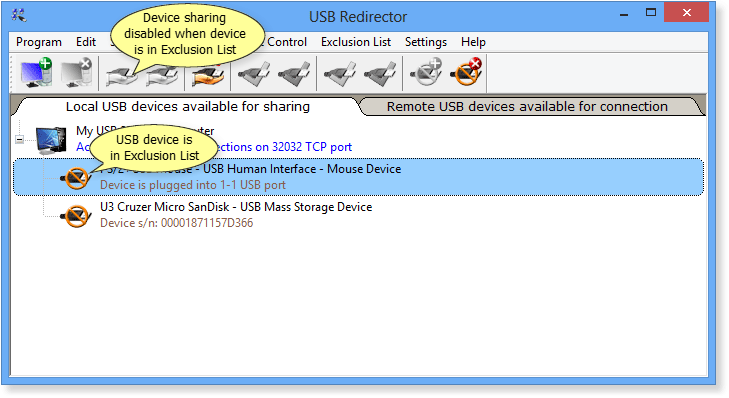 USB Redirector Exclusion List example on USB server