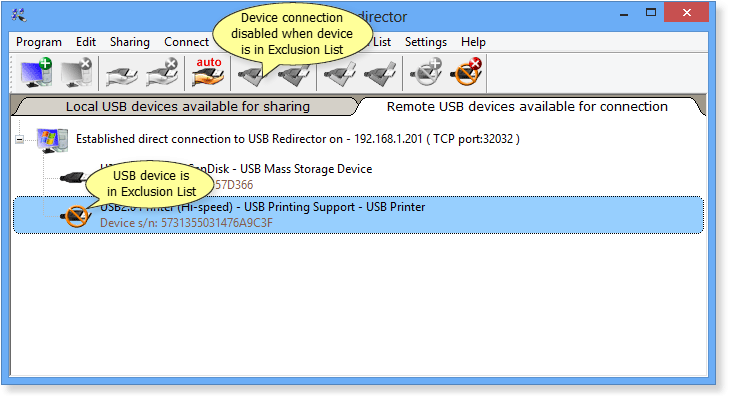 USB Redirector Exclusion List example on USB client