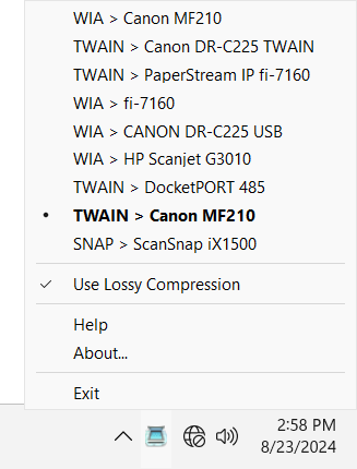 Scan Redirector RDP Edition (Workstation Part) system tray menu