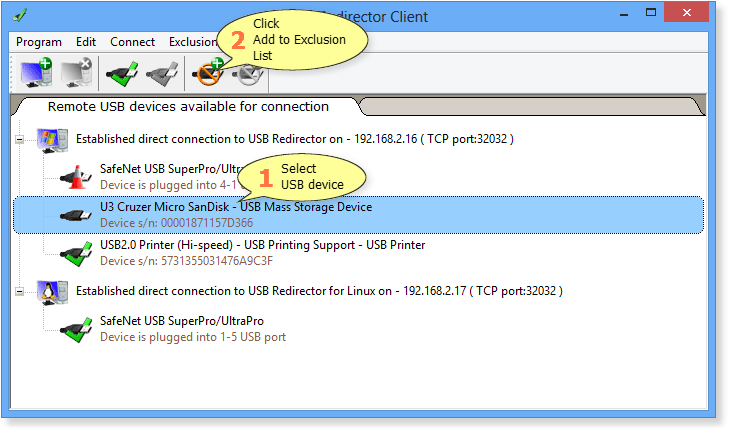 How to add USB device to Exclusions List in USB Redirector Client