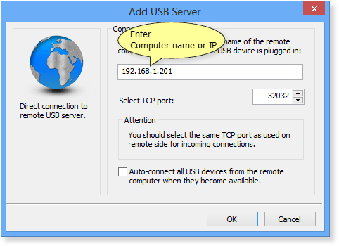 How to connect to USB server in USB Redirector Client