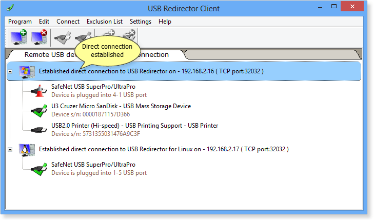 Direct connection to USB server in USB Redirector Client