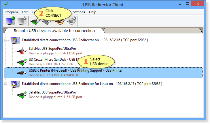 How to connect a remote USB device in USB Redirector Client