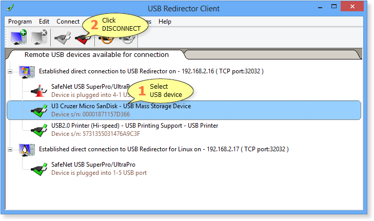 How to disconnect a remote USB device in USB Redirector Client