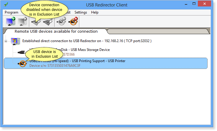 USB Redirector Client Exclusion List example