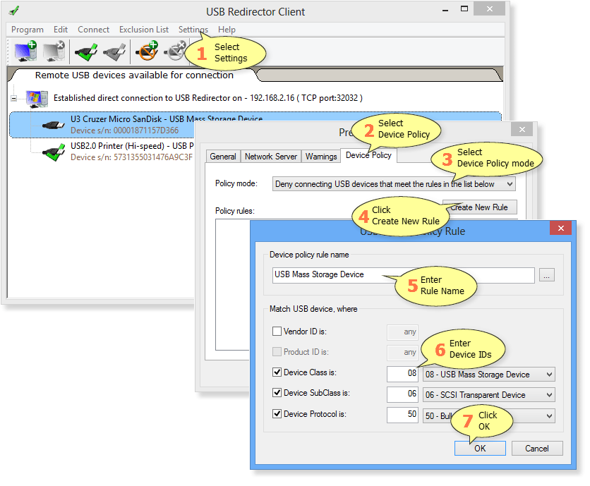 How to add Device Policy rule in USB Redirector Client