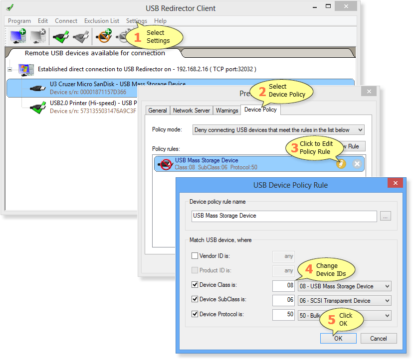 How to edit Device Policy rule in USB Redirector Client