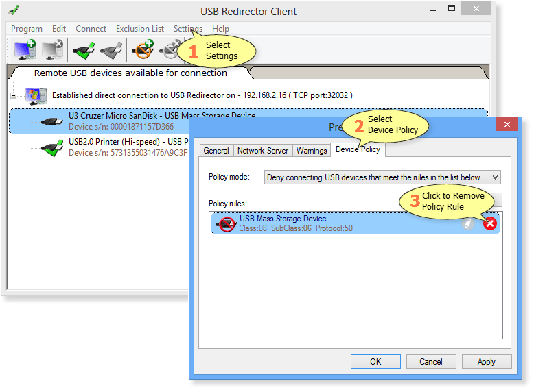 How to remove Device Policy rule in USB Redirector Client