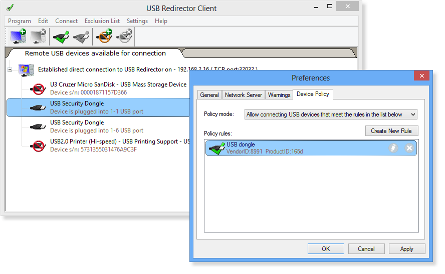 USB Redirector Client Device Policy rule example