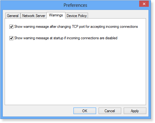 USB Redirector Client Warnings Settings