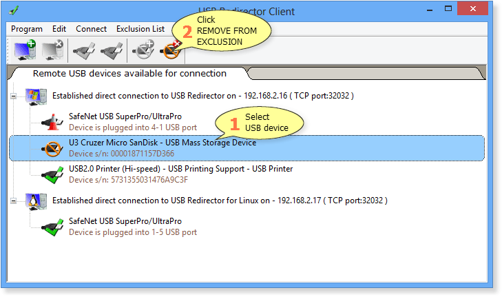 How to remove USB device from Exclusions List in USB Redirector Client