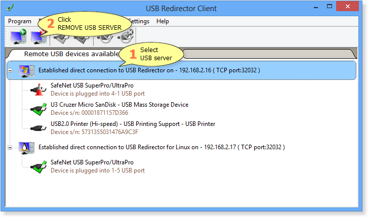 How to disconnect from USB server in USB Redirector Client