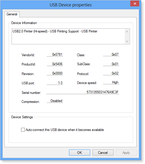 Remote USB Device Properties window in USB Redirector Client