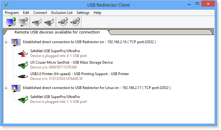 USB Redirector Client main window