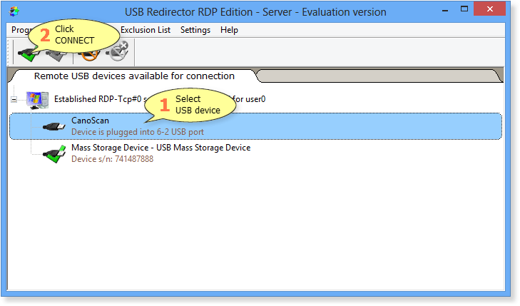 How to connect a USB device in USB Redirector RDP Edition - Server