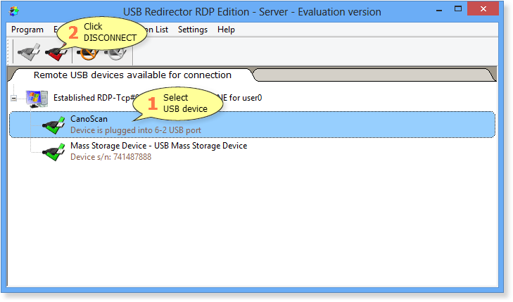How to disconnect a USB device in USB Redirector RDP Edition - Server