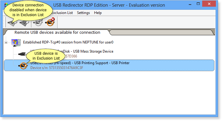 USB Redirector RDP Edition - Server Exclusion List example