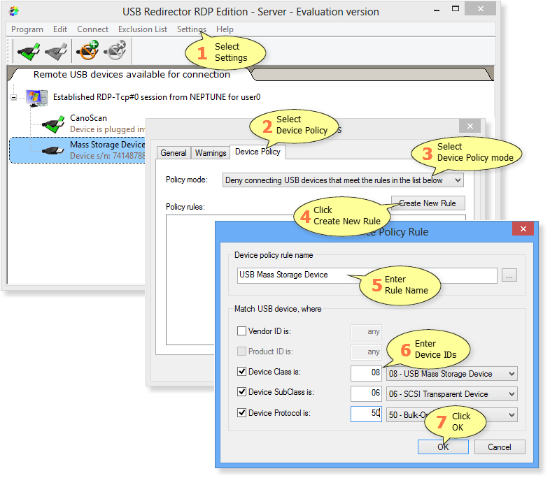How to add Device Policy rule in USB Redirector RDP Edition - Server