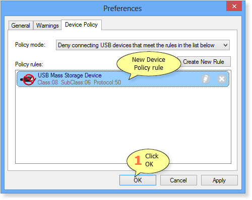 How to save new Device Policy rule in USB Redirector RDP Edition - Server