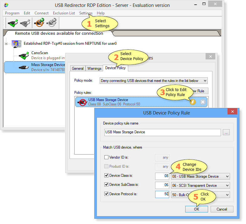 How to edit Device Policy rule in USB Redirector RDP Edition - Server