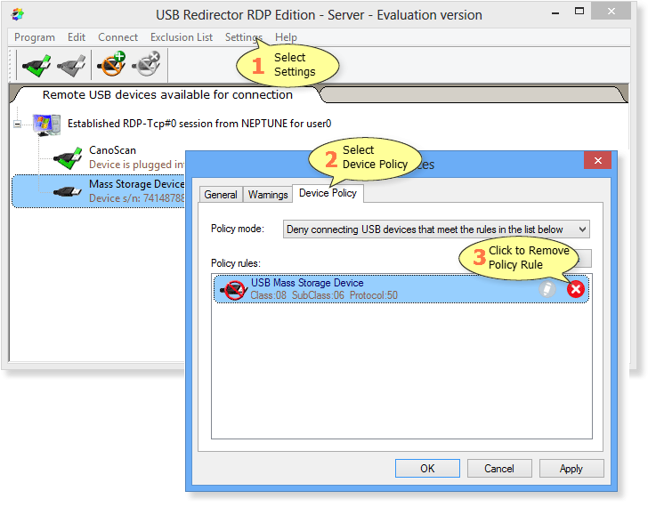 How to remove Device Policy rule in USB Redirector RDP Edition - Server