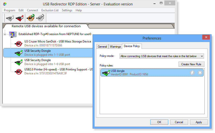 USB Redirector RDP Edition - Server Device Policy rule example
