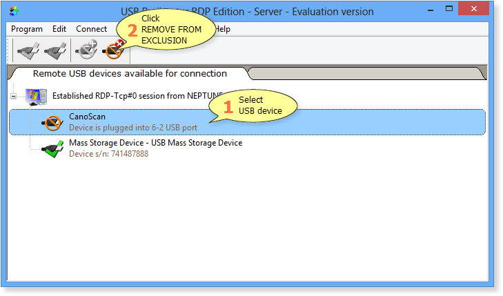 How to remove USB device from Exclusions List in USB Redirector RDP Edition - Server
