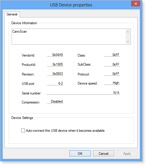 USB Device Properties window in USB Redirector RDP Edition - Server