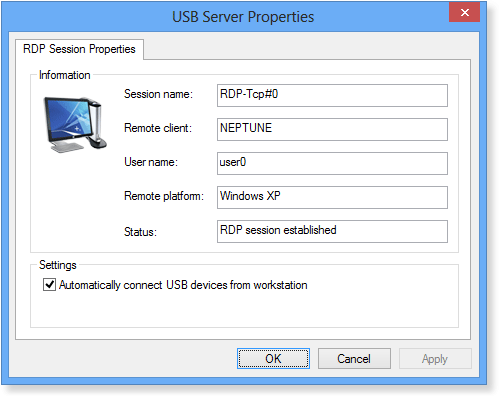 RDP Session Properties window in USB Redirector RDP Edition - Server