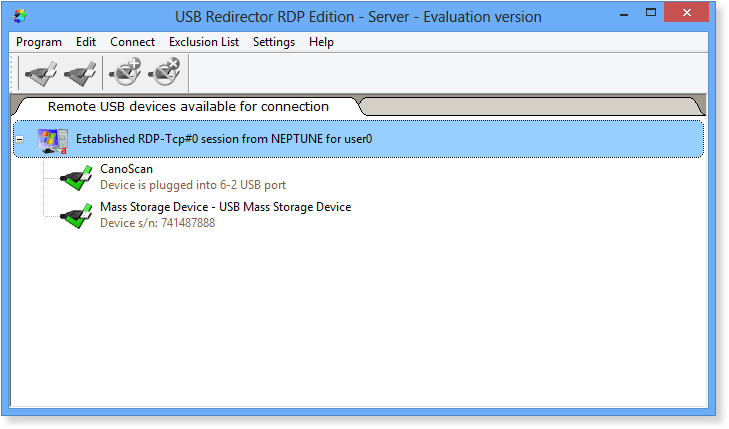 USB Redirector RDP Edition - Server main window
