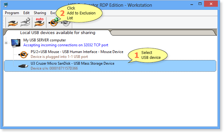 How to add USB device to Exclusions List in USB Redirector RDP Edition - Workstation