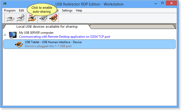 USB Redirector RDP Edition - Workstation main window with Auto-Sharing button