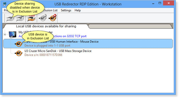 USB Redirector RDP Edition - Workstation Exclusion List example