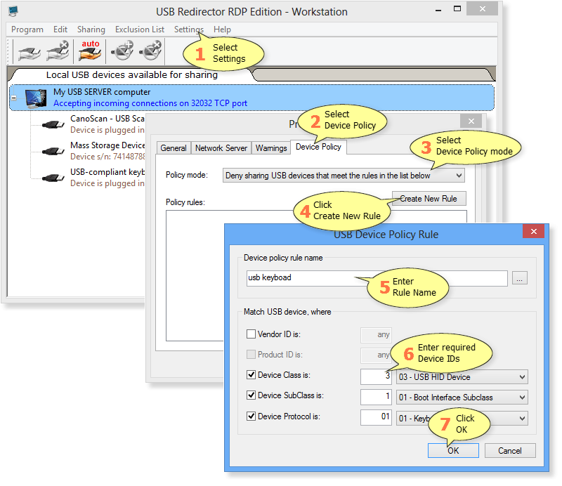 How to add Device Policy rule in USB Redirector RDP Edition - Workstation