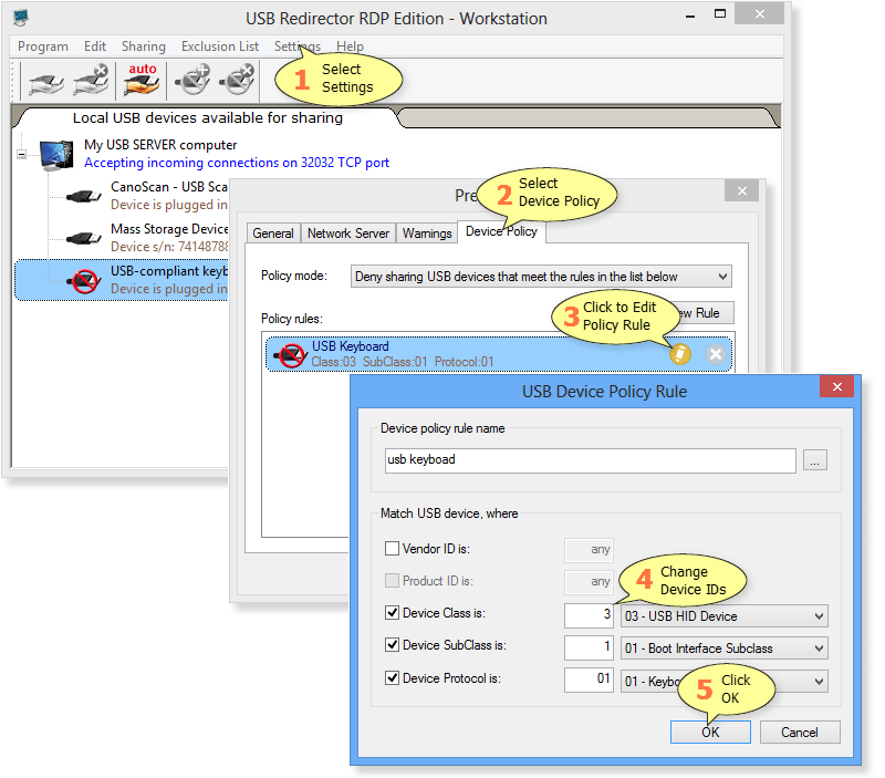 How to edit Device Policy rule in USB Redirector RDP Edition - Workstation