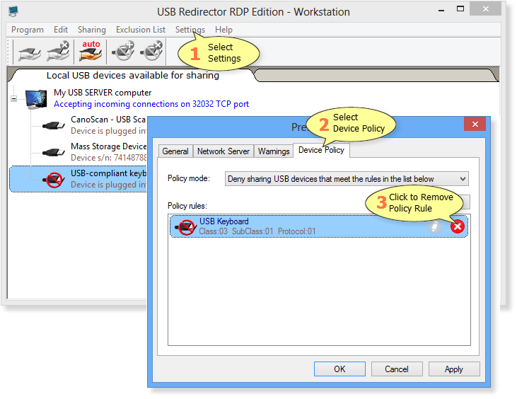 How to remove Device Policy rule in USB Redirector RDP Edition - Workstation