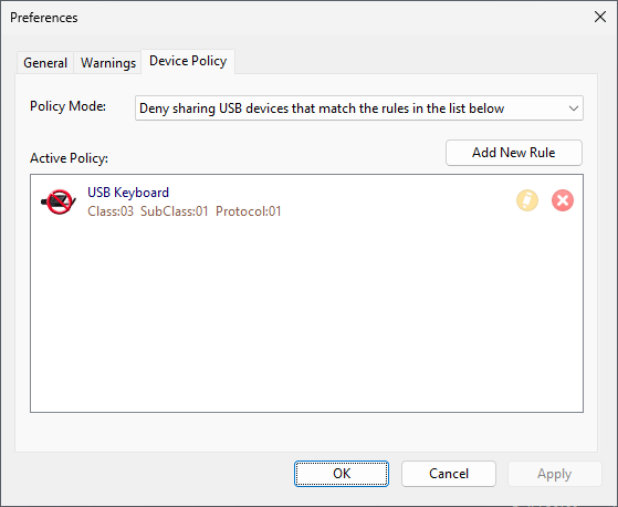 Device Policy window in USB Redirector RDP Edition - Workstation