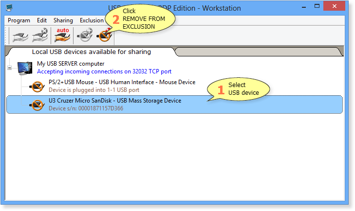 How to remove USB device from Exclusions List in USB Redirector RDP Edition - Workstation
