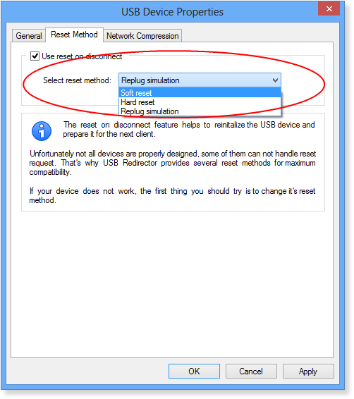 USB device Reset on disconnect settings in USB Redirector RDP Edition - Workstation