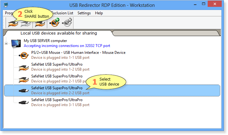 Sharing one of the identical USB devices in USB Redirector RDP Edition - Workstation