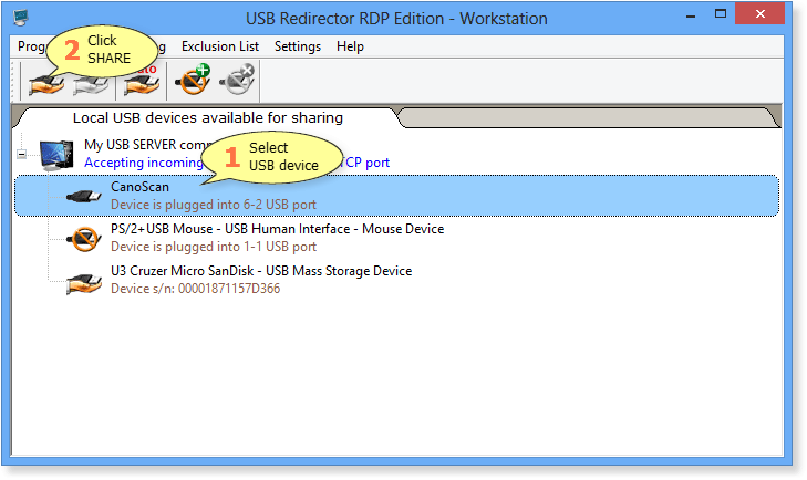 Sharing a USB device without a driver in USB Redirector RDP Edition - Workstation