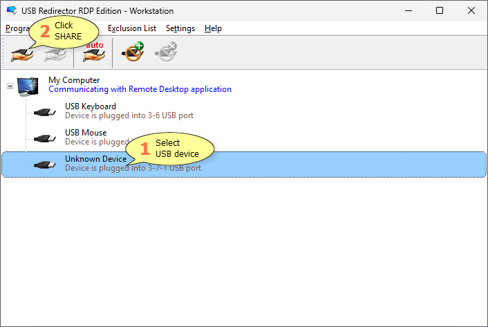 Sharing a USB device without a driver in USB Redirector RDP Edition - Workstation