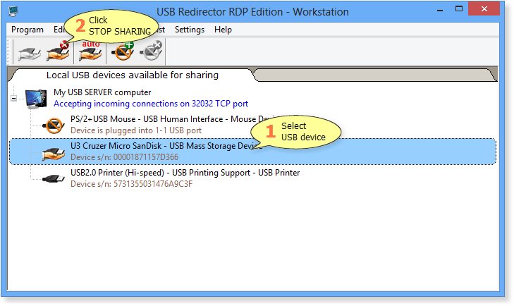 How to stop sharing a USB device in USB Redirector RDP Edition - Workstation