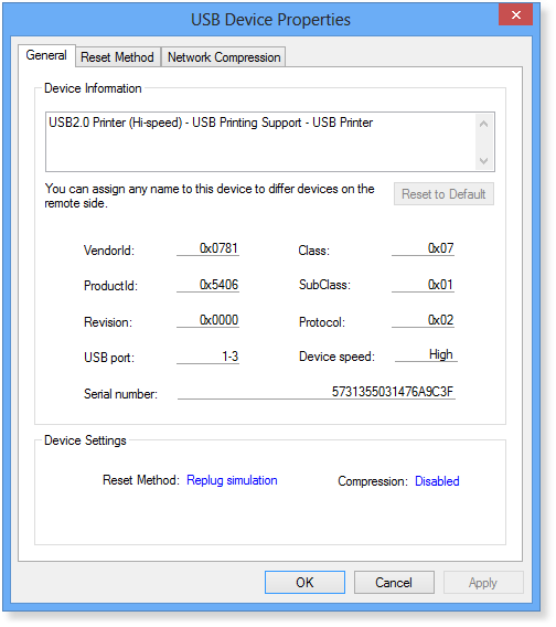 USB Device Properties window in USB Redirector RDP Edition - Workstation