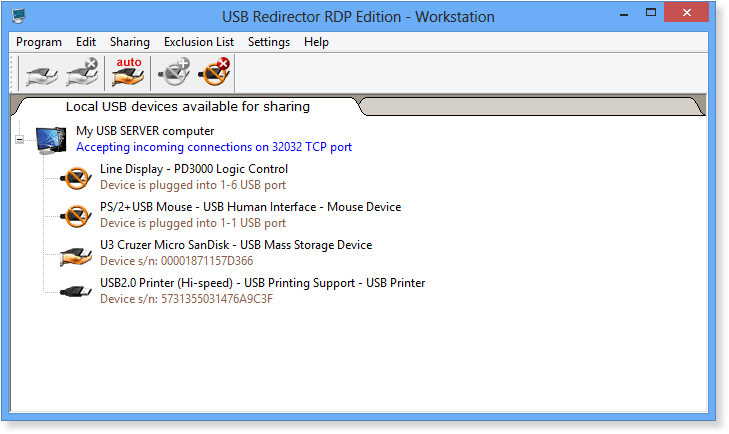 USB Redirector RDP Edition - Workstation main window
