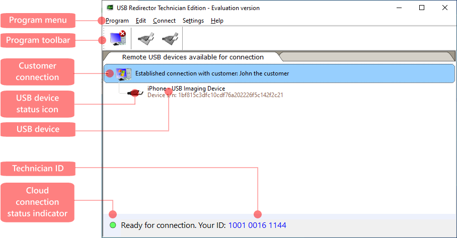 USB Redirector Technician Edition main window elements