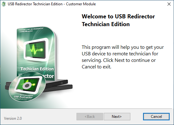 USB Redirector Technician Edition Customer Module welcome screen