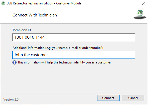 USB Redirector Technician Edition Customer Module connection screen