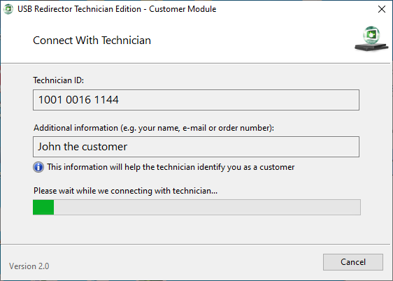 USB Redirector Technician Edition Customer Module connectino progress screen