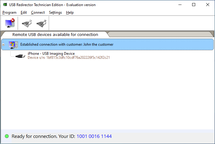 USB Redirector Technician Edition main window with customer connected